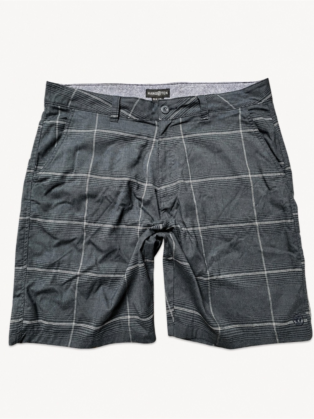 Hang in Ten Men’s Plaid Shorts Size 38 Gray Casual Hybrid Flat Front Quick-dry